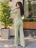 LENIA Women's Double Jersey Ribbed Co-Ord Set – Long Sleeve Crop Top & Flared Pants