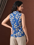 LENIA Women's Premium Cotton Sleeveless Printed Shirt – Blue & Beige Leaf Pattern