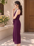 LENIA Women's Heavy Fabric Sleeveless Halter-Neck Jumpsuit with Waist Tie