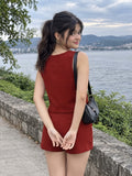 LENIA Women's Sleeveless Red Co-Ord Set | Round Neck Crop Top and Matching Shorts | Casual Summer Two-Piece Outfit