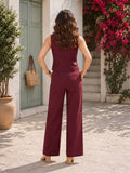 LENIA Women's Ruby Cotton Slub Co-Ord Set – Sleeveless Button-Front Vest & Wide-Leg Pants
