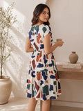 LENIA Women's Multicolor Abstract Printed Short Sleeve Midi Dress | Round Neck Fit and Flare Tiered Summer Dress