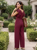 LENIA Women’s Maroon Heavy Vista Georgette Jumpsuit with Ruffle Sleeves and Waist Tie Belt
