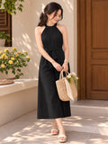 LENIA Women's Heavy Fabric Sleeveless Halter-Neck Jumpsuit with Waist Tie