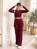 LENIA Women's Double Jersey Ribbed Co-Ord Set – Long Sleeve Crop Top & Flared Pants