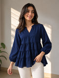 LENIA Women's Ajanta Fabric Tiered Peplum Top with Balloon Sleeves