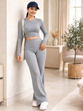 LENIA Women's Double Jersey Ribbed Co-Ord Set – Long Sleeve Crop Top & Flared Pants