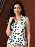 LENIA Women's Premium Cotton Sleeveless Printed Shirt – Blue & Beige Leaf Pattern
