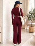 LENIA Women's Double Jersey Ribbed Co-Ord Set – Long Sleeve Crop Top & Flared Pants