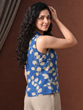 LENIA Women's Premium Cotton Sleeveless Printed Shirt – Blue & Beige Leaf Pattern