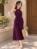 LENIA Women's Heavy Fabric Sleeveless Halter-Neck Jumpsuit with Waist Tie