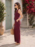LENIA Women's Ruby Cotton Slub Co-Ord Set – Sleeveless Button-Front Vest & Wide-Leg Pants