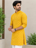 LENIA Men’s Printed Cotton Blend Straight Kurta – Mustard Yellow