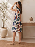 LENIA Women's Multicolor Abstract Printed Short Sleeve Midi Dress | Round Neck Fit and Flare Tiered Summer Dress