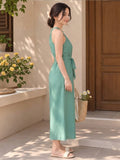 LENIA Women's Heavy Fabric Sleeveless Halter-Neck Jumpsuit with Waist Tie