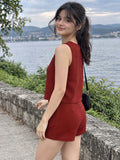 LENIA Women's Sleeveless Red Co-Ord Set | Round Neck Crop Top and Matching Shorts | Casual Summer Two-Piece Outfit