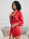 Women's Satin Lace Robe Nightwear with Waist Tie Belt ( 521 )