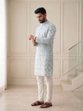 Men's Cotton Blend Embroidered Kurta | Mandarin Collar | Full Sleeves | Festive & Ethnic Wear