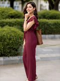 LENIA Women’s Maroon Heavy Vista Georgette Jumpsuit with Ruffle Sleeves and Waist Tie Belt