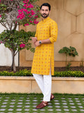 LENIA Men’s Printed Cotton Blend Straight Kurta – Mustard Yellow