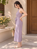 LENIA Women's Heavy Fabric Sleeveless Halter-Neck Jumpsuit with Waist Tie