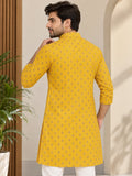 LENIA Men’s Yellow Printed Cotton Blend Kurta with Mandarin Collar