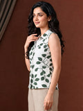 LENIA Women's Premium Cotton Sleeveless Printed Shirt – Blue & Beige Leaf Pattern