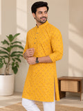LENIA Men’s Printed Cotton Blend Straight Kurta – Mustard Yellow