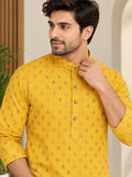 LENIA Men’s Yellow Printed Cotton Blend Kurta with Mandarin Collar