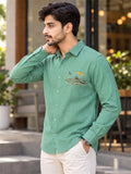Men's Mint Green Mountain Graphic Poly Cotton Full-Sleeve Casual Shirt