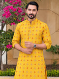 LENIA Men’s Printed Cotton Blend Straight Kurta – Mustard Yellow