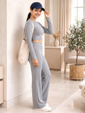 LENIA Women's Double Jersey Ribbed Co-Ord Set – Long Sleeve Crop Top & Flared Pants