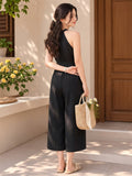 LENIA Women's Heavy Fabric Sleeveless Halter-Neck Jumpsuit with Waist Tie