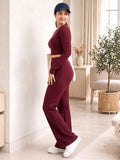 LENIA Women's Double Jersey Ribbed Co-Ord Set – Long Sleeve Crop Top & Flared Pants