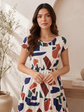 LENIA Women's Multicolor Abstract Printed Short Sleeve Midi Dress | Round Neck Fit and Flare Tiered Summer Dress