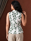 LENIA Women's Premium Cotton Sleeveless Printed Shirt – Blue & Beige Leaf Pattern