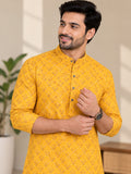 LENIA Men’s Printed Cotton Blend Straight Kurta – Mustard Yellow