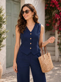 LENIA Women's Ruby Cotton Slub Co-Ord Set – Sleeveless Button-Front Vest & Wide-Leg Pants