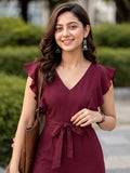 LENIA Women’s Maroon Heavy Vista Georgette Jumpsuit with Ruffle Sleeves and Waist Tie Belt