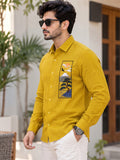 Men's Mustard Yellow Mountain Landscape Graphic Poly Cotton Full-Sleeve Casual Shirt