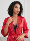 Women's Satin Lace Robe Nightwear with Waist Tie Belt ( 521 )