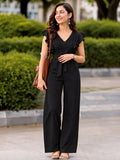 LENIA Women’s Maroon Heavy Vista Georgette Jumpsuit with Ruffle Sleeves and Waist Tie Belt