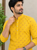 LENIA Men’s Printed Cotton Blend Straight Kurta – Mustard Yellow