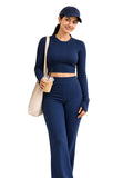LENIA Women's Double Jersey Ribbed Co-Ord Set – Long Sleeve Crop Top & Flared Pants