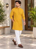 LENIA Men’s Yellow Printed Cotton Blend Kurta with Mandarin Collar