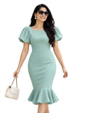 LENIA Women's Premium Ajanta Fabric Mermaid Dress with Puff Sleeves