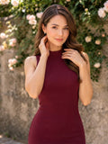 LENIA Women's Premium Soft Rib Sleeveless Bodycon Dress – Maroon High-Neck Knee-Length Dress