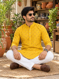 LENIA Men’s Printed Cotton Blend Straight Kurta – Mustard Yellow