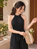 LENIA Women's Heavy Fabric Sleeveless Halter-Neck Jumpsuit with Waist Tie