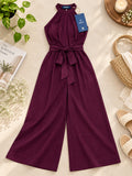LENIA Women's Heavy Fabric Sleeveless Halter-Neck Jumpsuit with Waist Tie